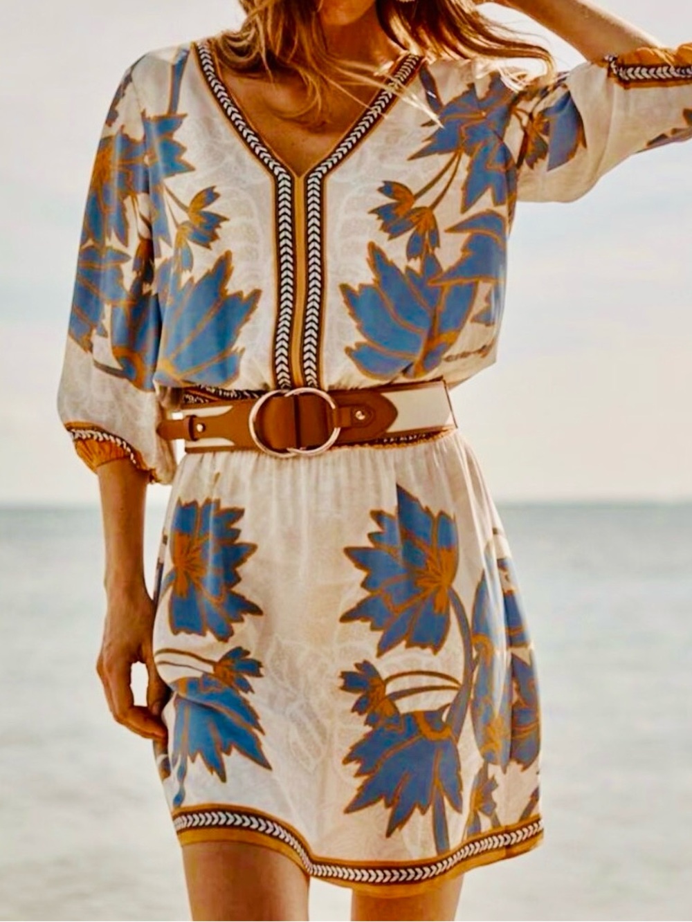 NWT White House Black Market Cream Mini Dress with yellow & grey Floral Print